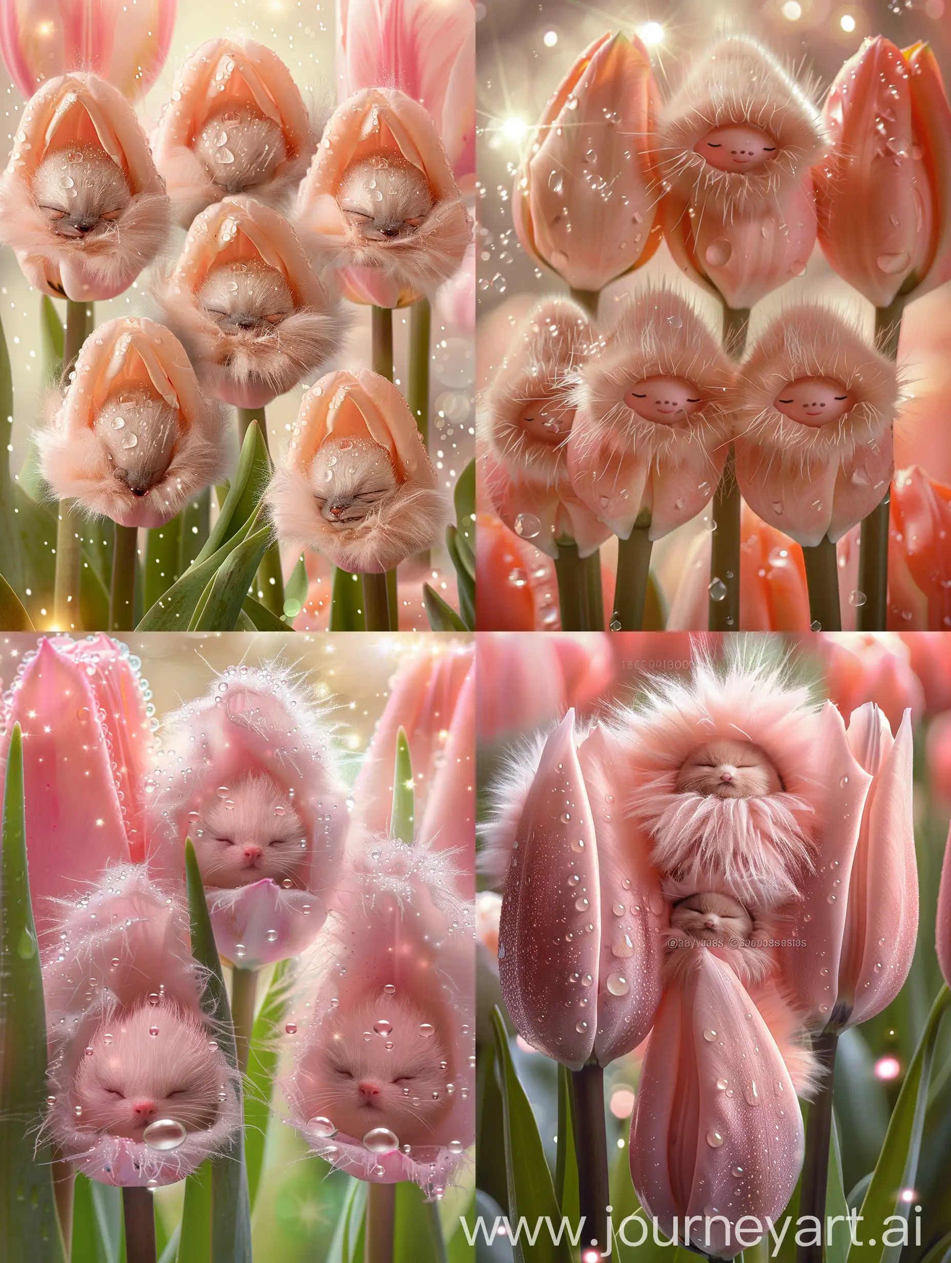 Adorable-Fluffy-Creatures-Sleeping-in-Oversized-Pink-Tulip-Flowers