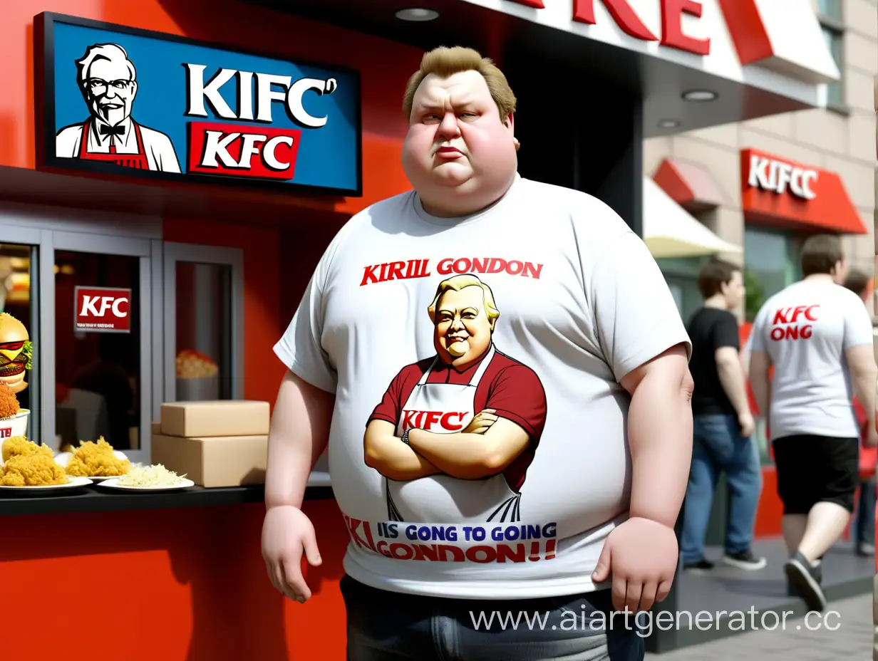 Жирный мужик с надписью на футболке kirill gondon идёт в KFC
 