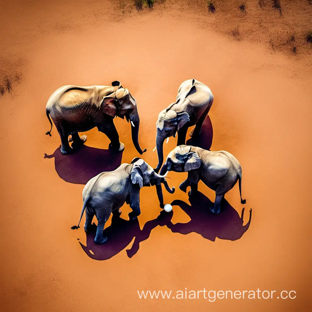 Elephants-Playing-Ball-Aerial-View-of-Four-Majestic-Pachyderms-Engaging-in-Fun-Activity