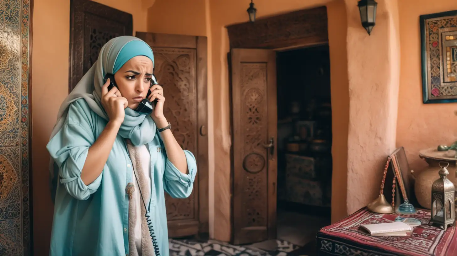 Angry Moroccan Mom in Traditional Setting Talking on Phone