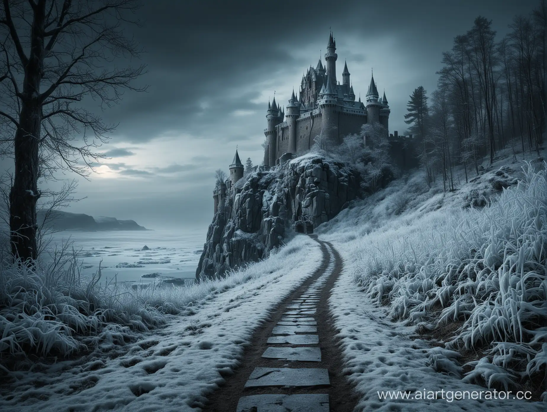 Путь в ледяной замок, где в далеке виден бос. морозная королева. Темный фон