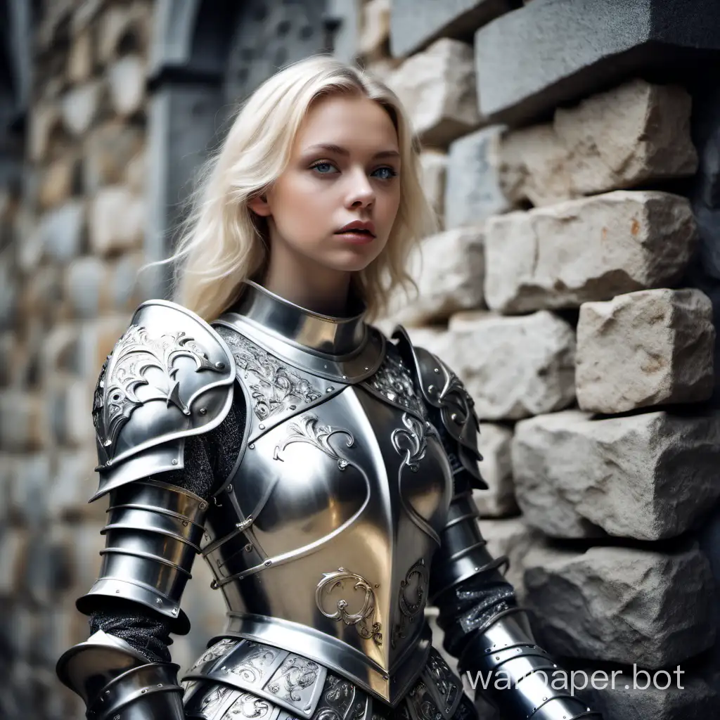 Blonde-Girl-Knight-in-Silver-Armor-Against-Stone-Masonry-Background