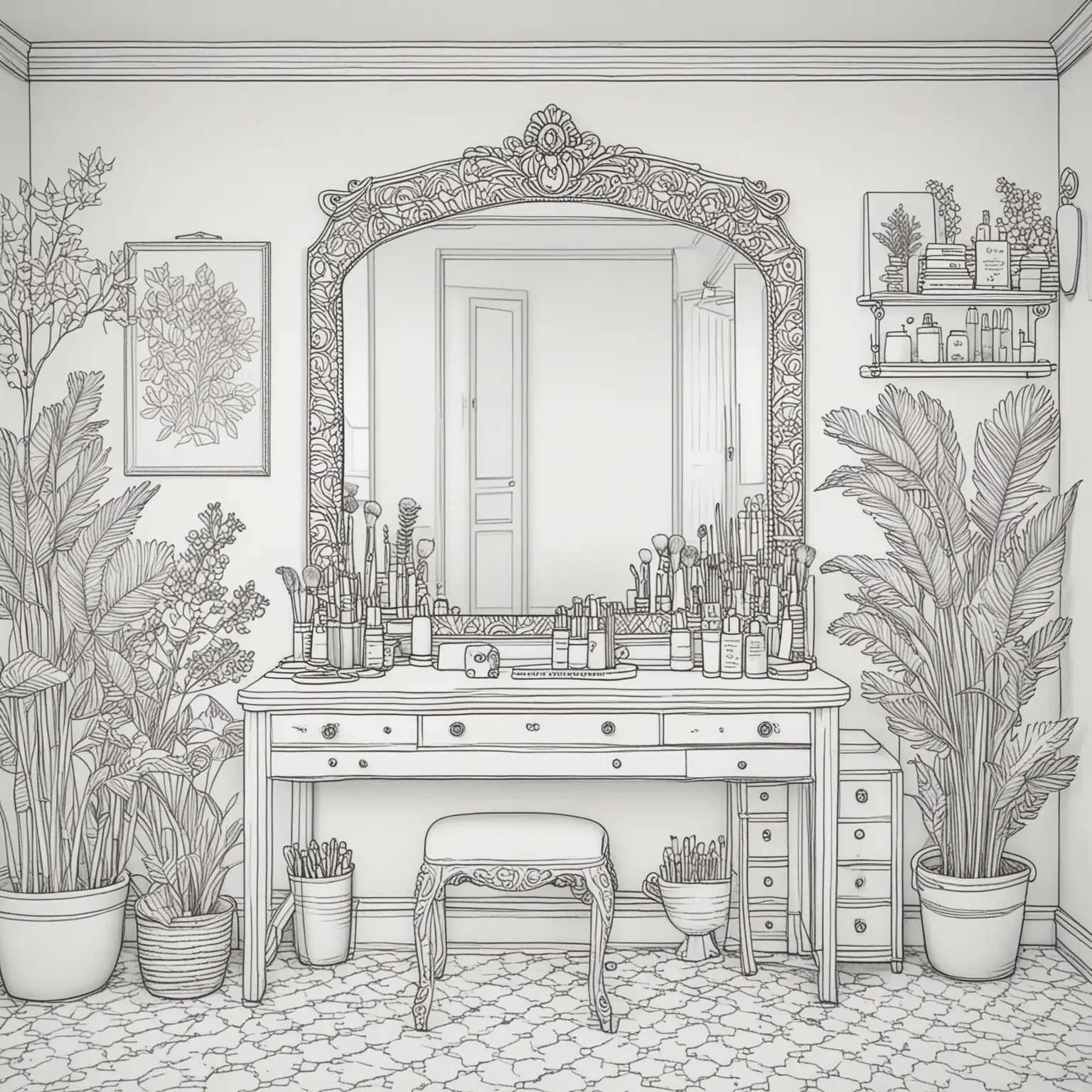 Elegant Beauty Room Coloring Page for Adults on Clean White Background