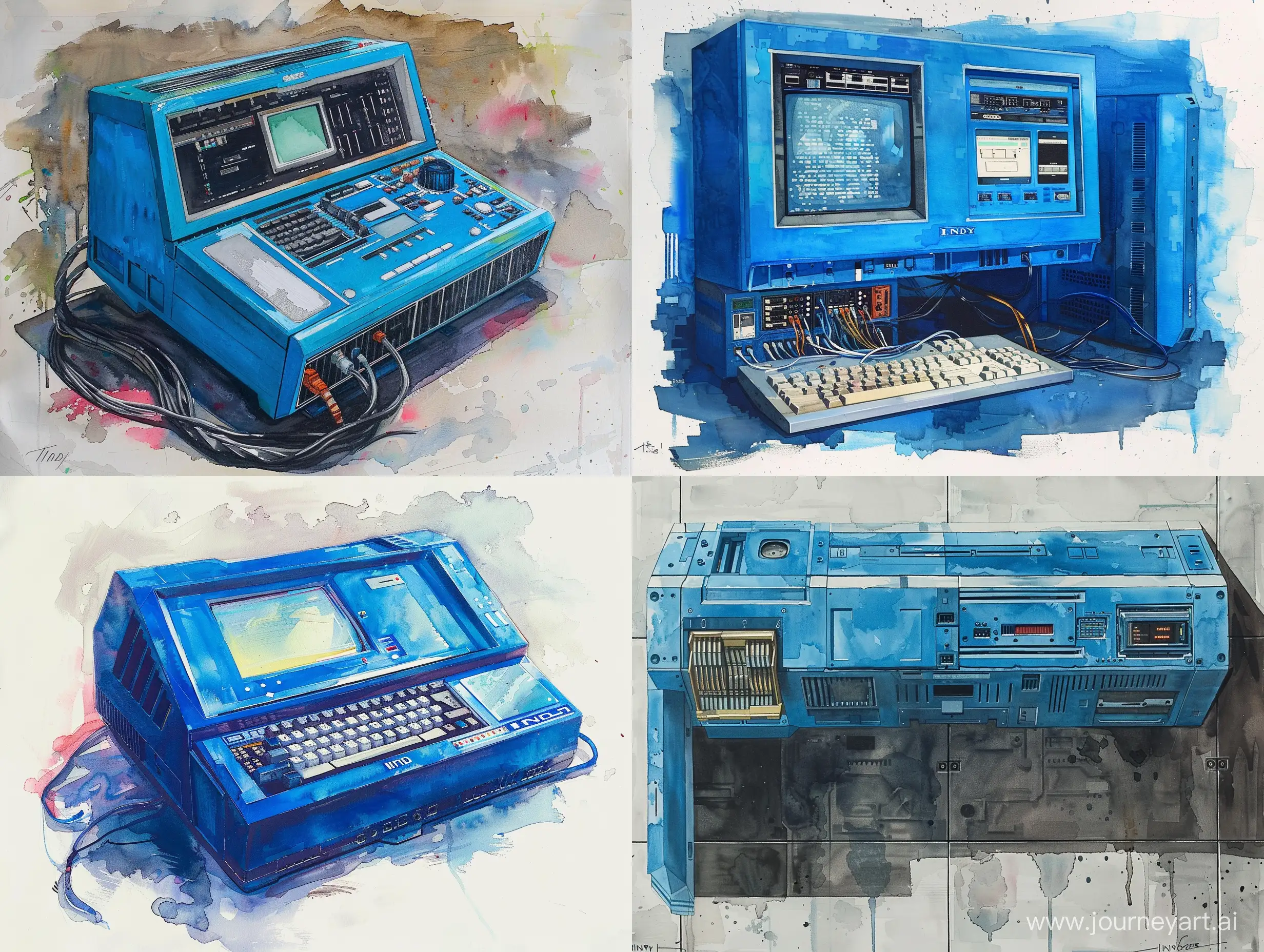 a renaissance-watercolor painting of a bright blue Silicon Graphics Indy computer