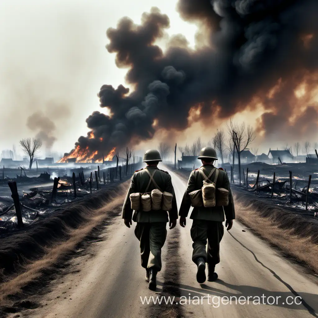 Два солдата идут по длинной дороге, вдоль дороги стоят немногочисленные деревни, а вокруг пустые выжженные поля, на фоне на горизонте горит пожар, а по небу распускается много дыма, изображение на тему Холодной войны