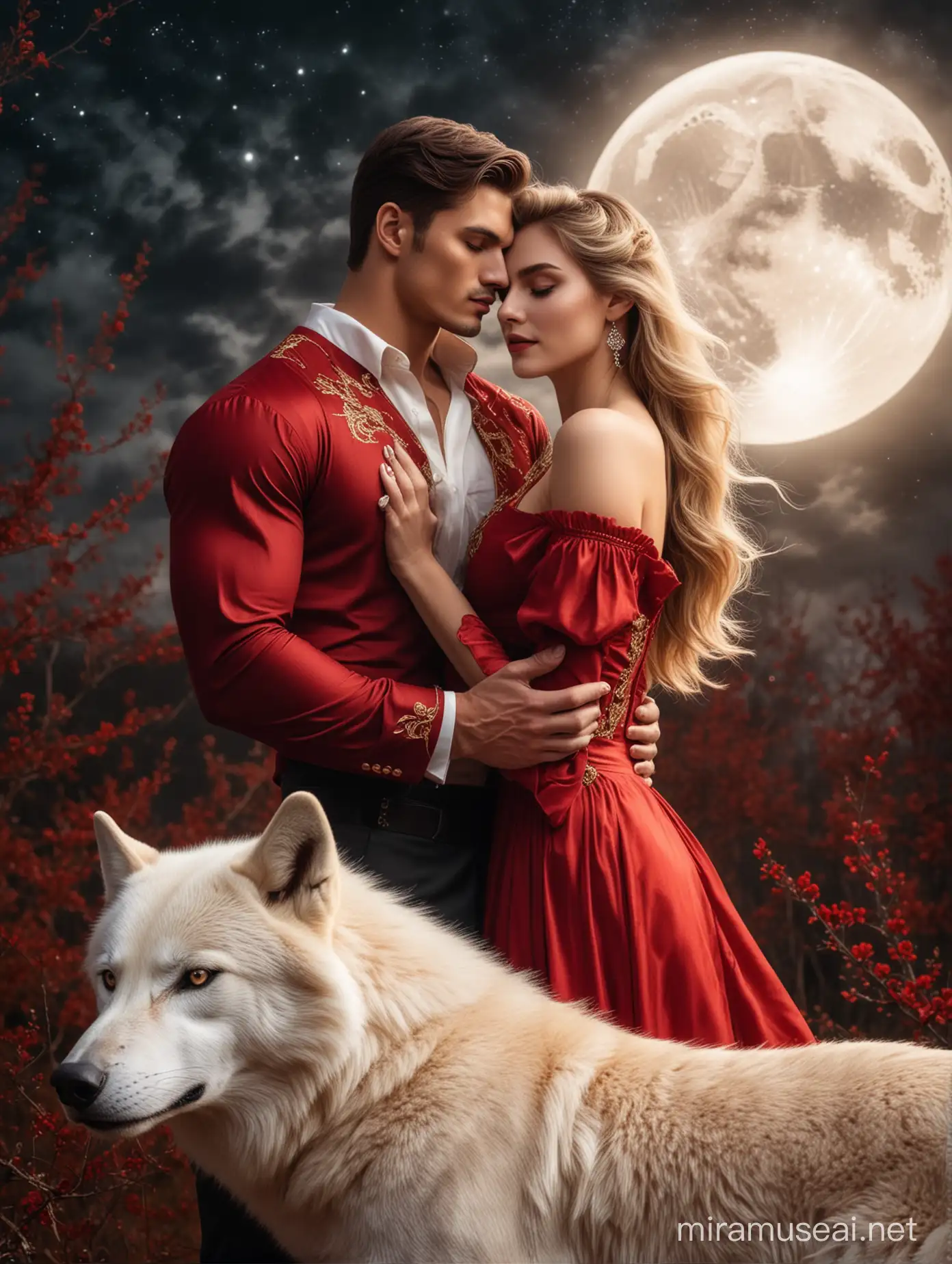 Elegant Couple with Luminous Wolf and Moonlit Sky