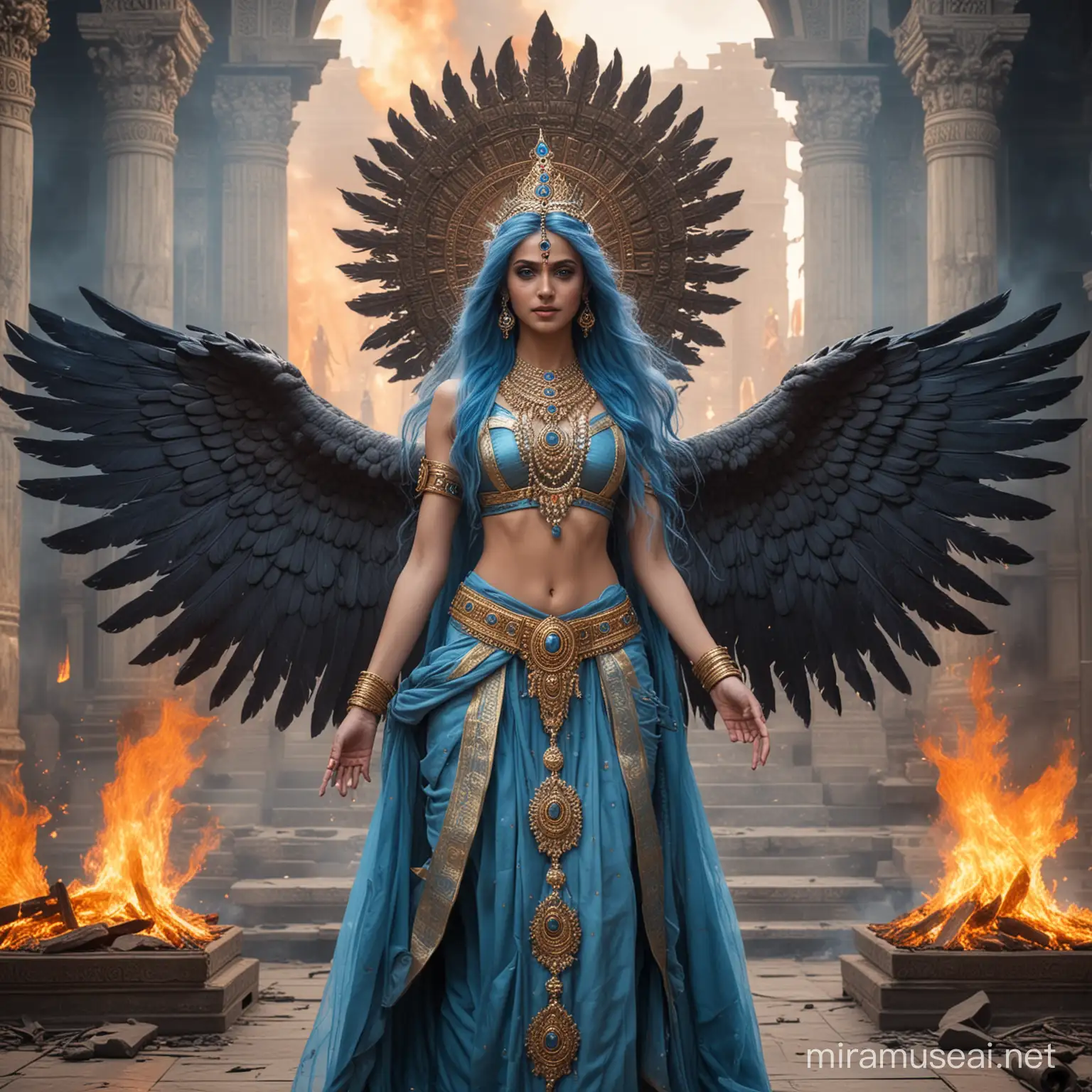 Diosa emperatriz hermosa joven de cabellos azules largos y ojos azules vestida como Diosa emperatriz hindu en combate, con muchas alas grandes largas,  rodeada de fuego y poder ,de pie junto a un altar majestuosa. Sonrisa misteriosa y de fondo y alrededor diosas y dioses hindus adorandola  y de fondo un gigantesco palacio hindu tenebroso 