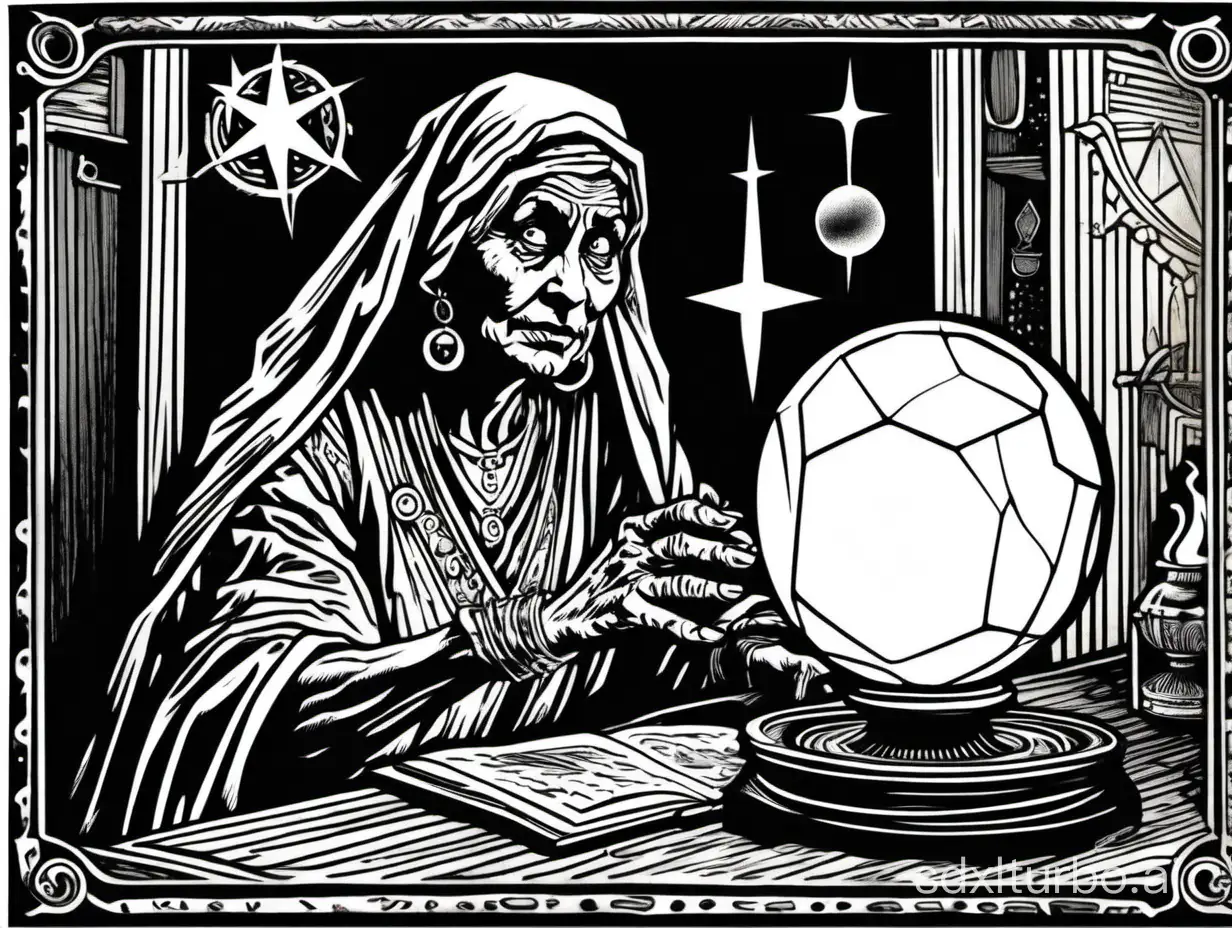 woodcut print art, a small elderly gypsy woman:diviner, scrying with a crystal ball, a tome sitting on a table, pentagram amulet, candle, surprised expression, half body, dark and moody atmosphere, black and white ink, no gradients, 2bit bw, high contrast, heavy lines, thick lines, thick bordered, style of 1983 Dungeons and Dragons, by Bill Willingham,