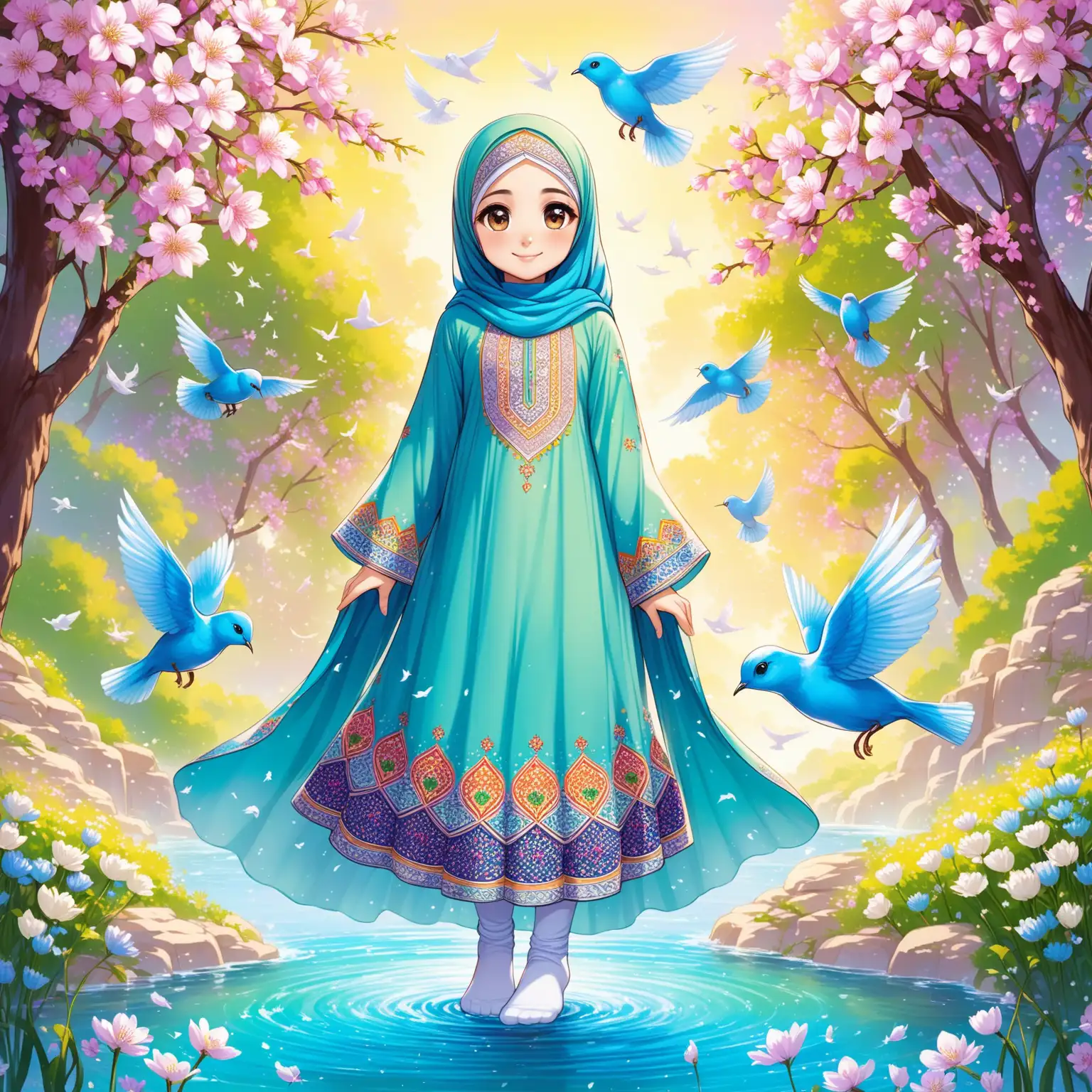 Character 10 years old Persian girl(full height, Muslim, neat fingers, with emphasis no hair out of veil(Hijab), smaller eyes, bigger nose, white skin, cute, smiling, wearing socks, clothes full of Persian designs, heavenly girl).

Atmosphere flowing water from the spring with flowers, nightingales and flying birds in spring.