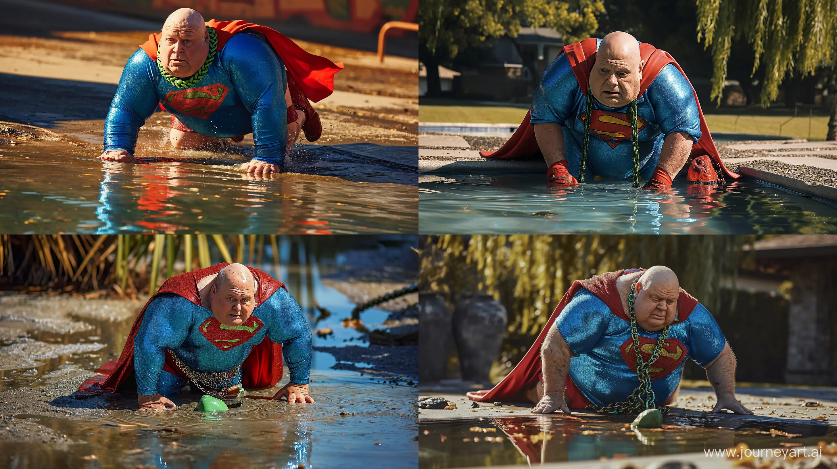 Photo of a chubby man aged 70 crawling on the ground in a shallow pool. He is wearing a slightly shiny bright blue superman costume with a costume big red cape red boots red trunks. He wears a heavy shiny green chain collar with a small green rock. --style raw --ar 16:9 --v 6