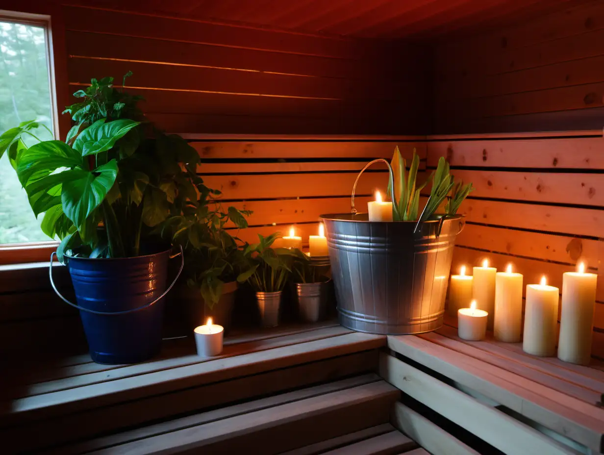 Sauna, heat, candles, plants, waterbucket