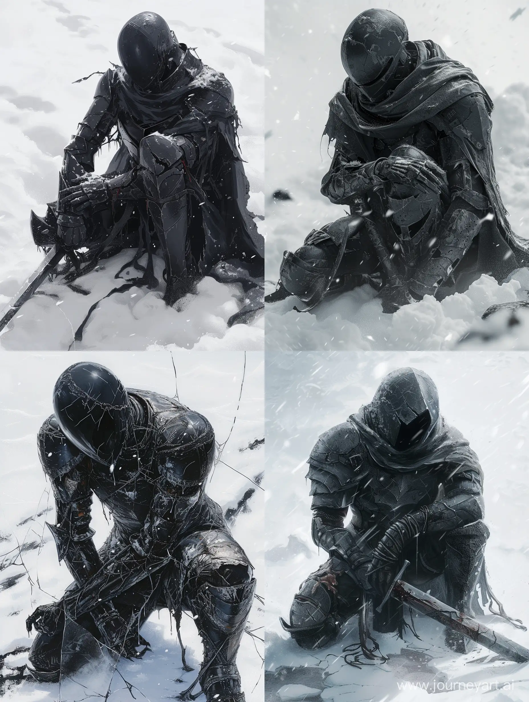 music album cover, clear art, black sci fi knight assassin, wounded, kneeling tiredly. in the snow, cracked, darksouls style