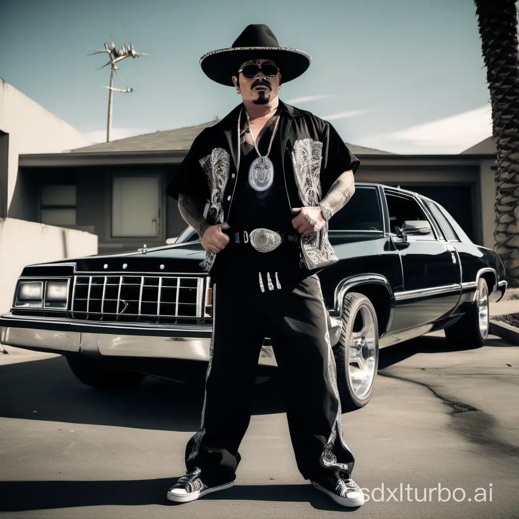 Menacing-Mexican-Cholo-Gangster-Posing-with-Trick-Out-Whip