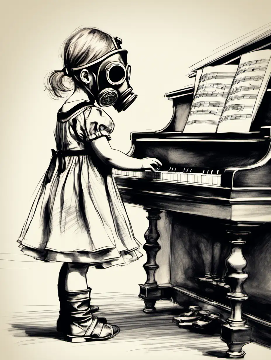 Child Pianist in Vintage Dress and Gas Mask