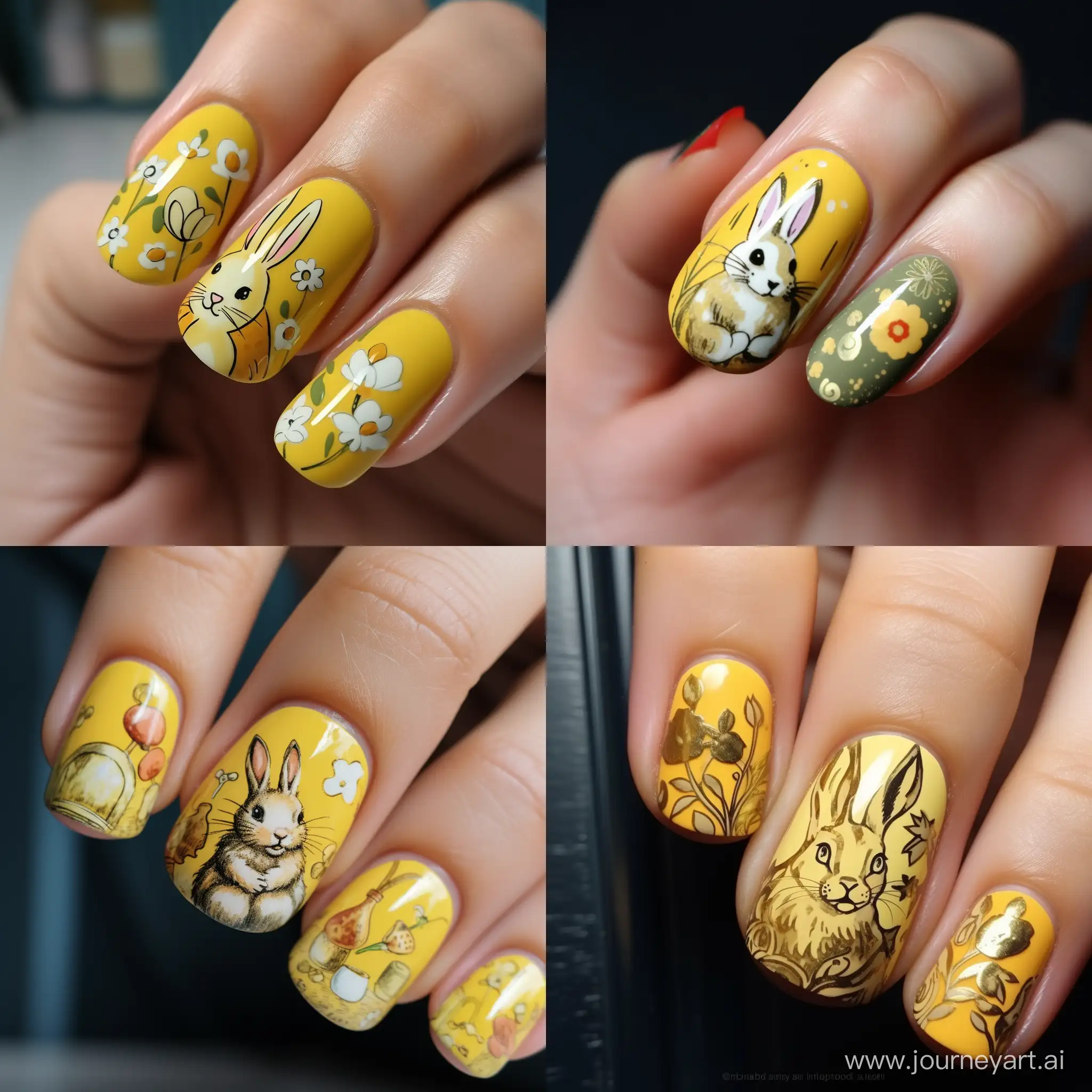 Cartoon-Bunny-Nails-Beautiful-Yellow-Print-with-Realistic-Shine