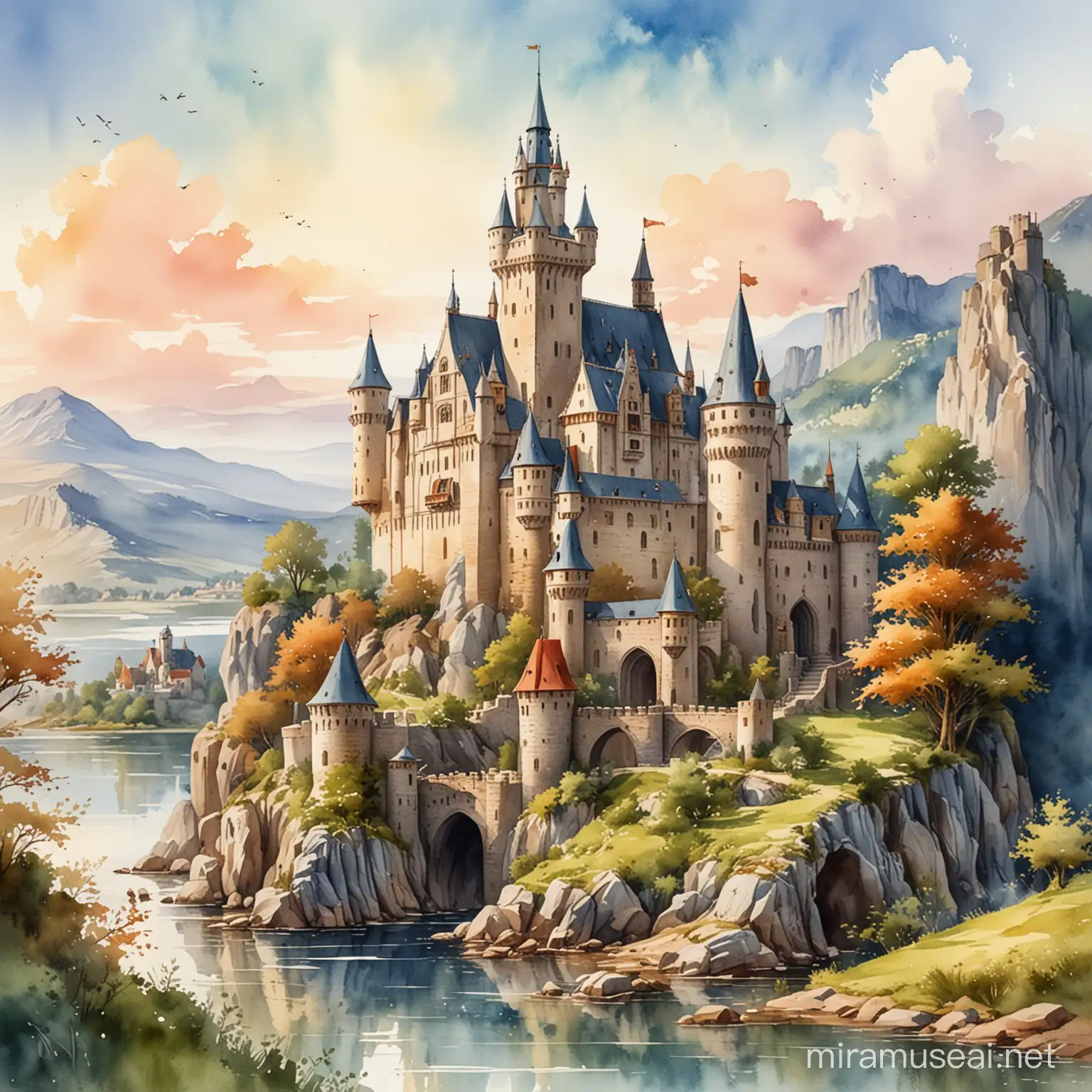 Watercolor Medieval Castle Illustration Serene Landscape View
