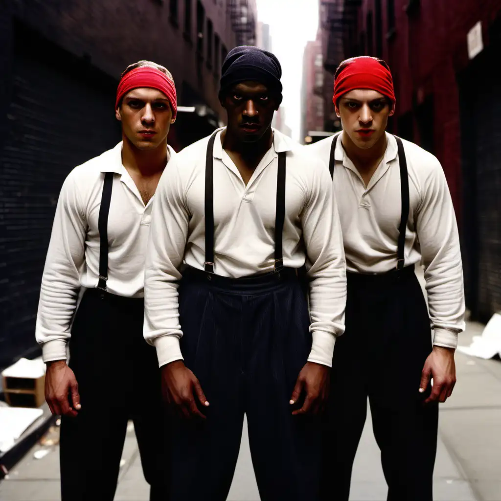 Full colour image. Three men, Two who are black and one is white. They are wearing simple 1920s street clothes. They are well built and agressive looking. All three have the same red sweatband on their head. They are standing in a New York alleyway.
