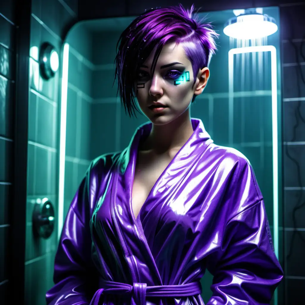 Create a cyberpunk girl with purple short hair who is   geting ready for a shower.the girl must wear a bathrobe