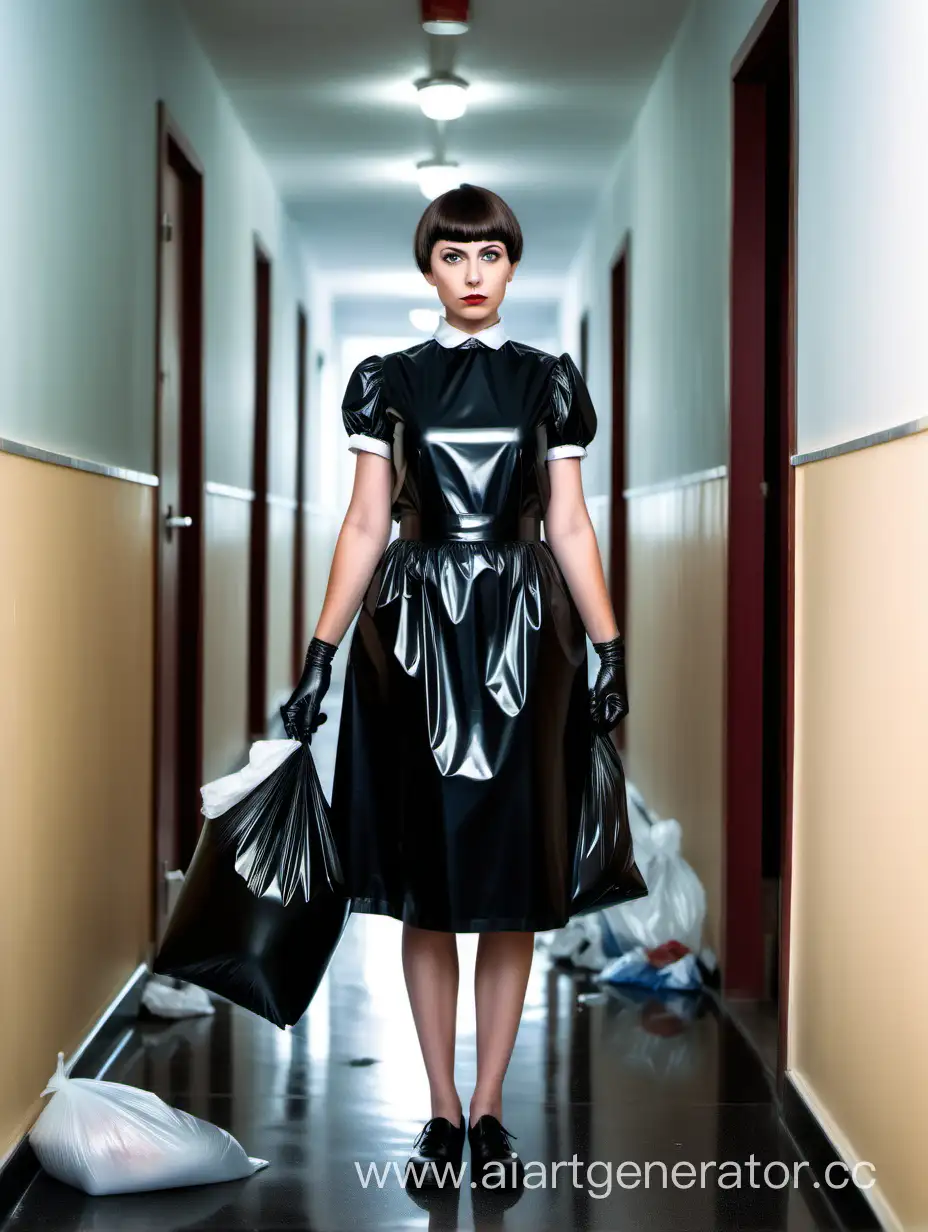 LatexClad-Maid-in-a-Dark-Corridor-with-Garbage-Bags