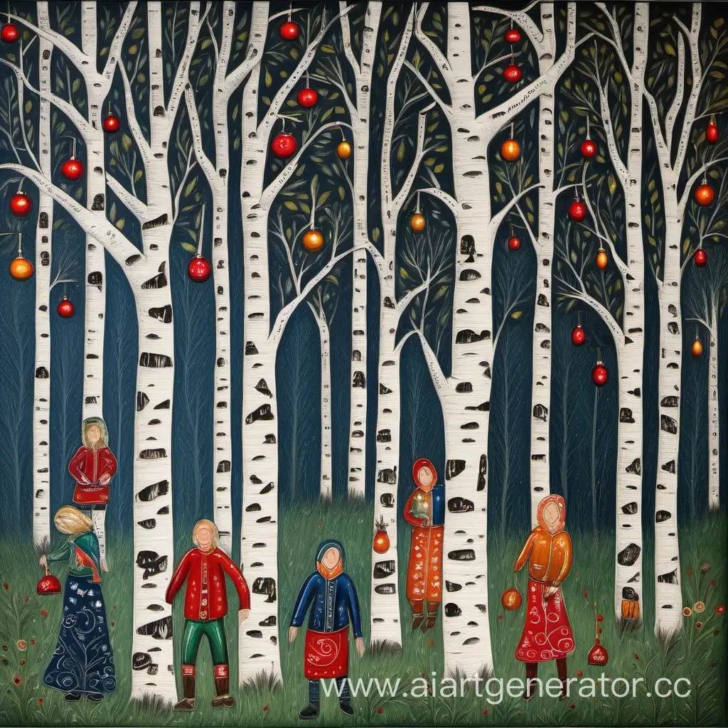 Rustic-Folk-Ornaments-Amidst-Birch-Trees-with-People-Serene-Painting