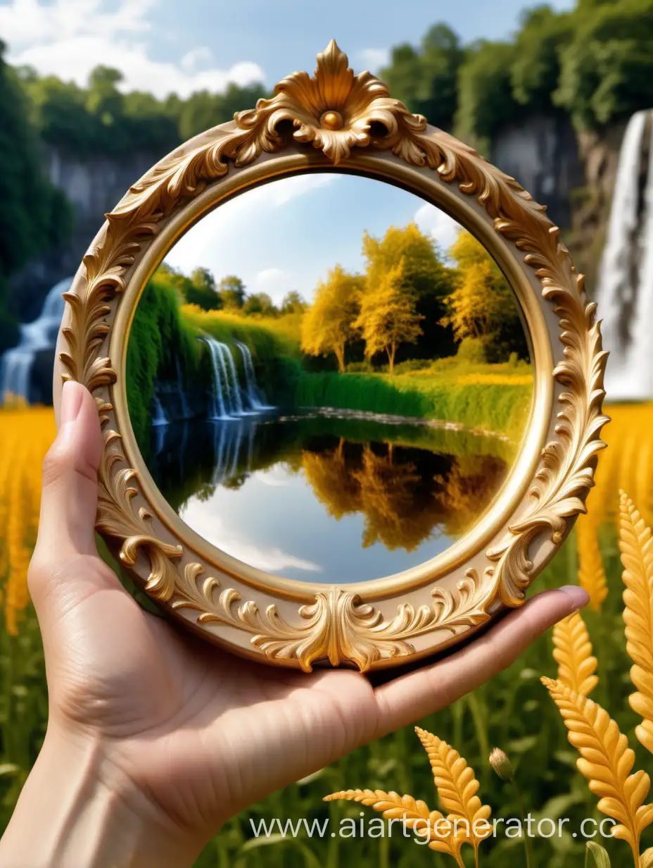 Elegant-Hand-Holding-Ornate-Mirror-Reflecting-Blooming-Field-and-Waterfall