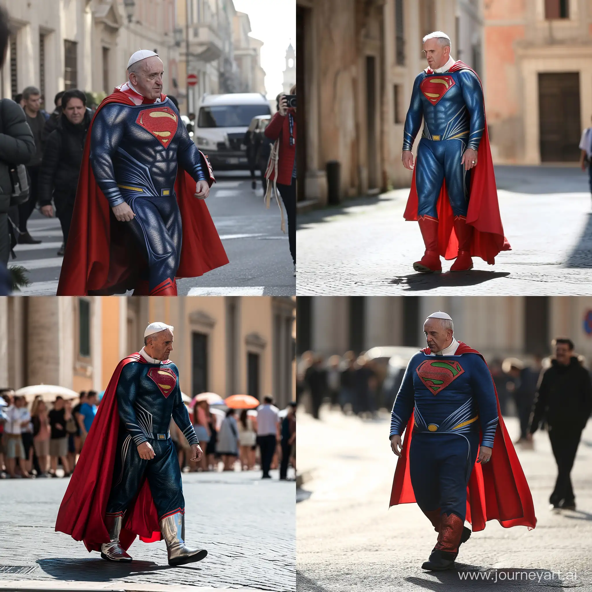 Pope walking in the street wearing a superman suit --v 6 --style raw
