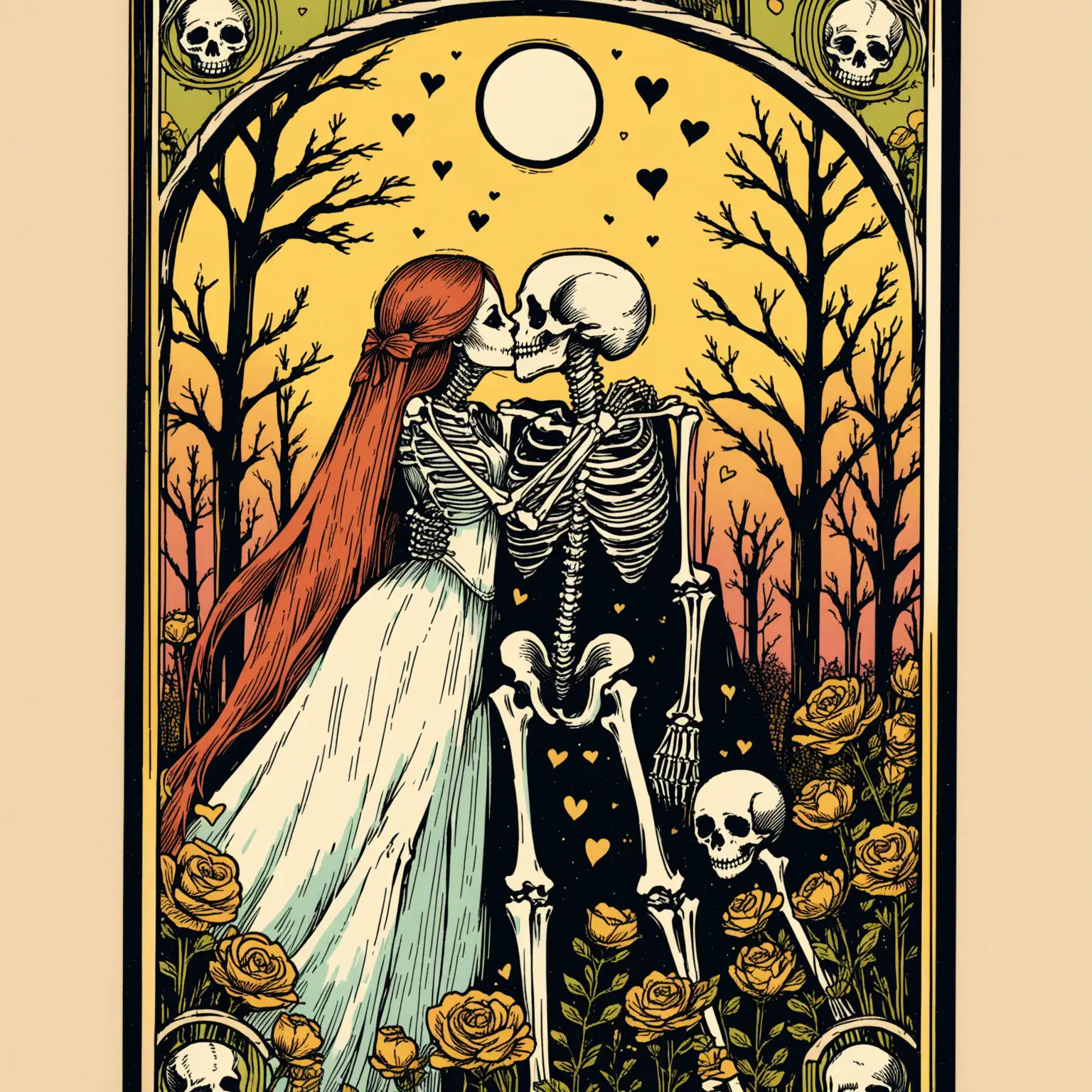 Romantic Lovers Tarot Card with Kissing Skeletons