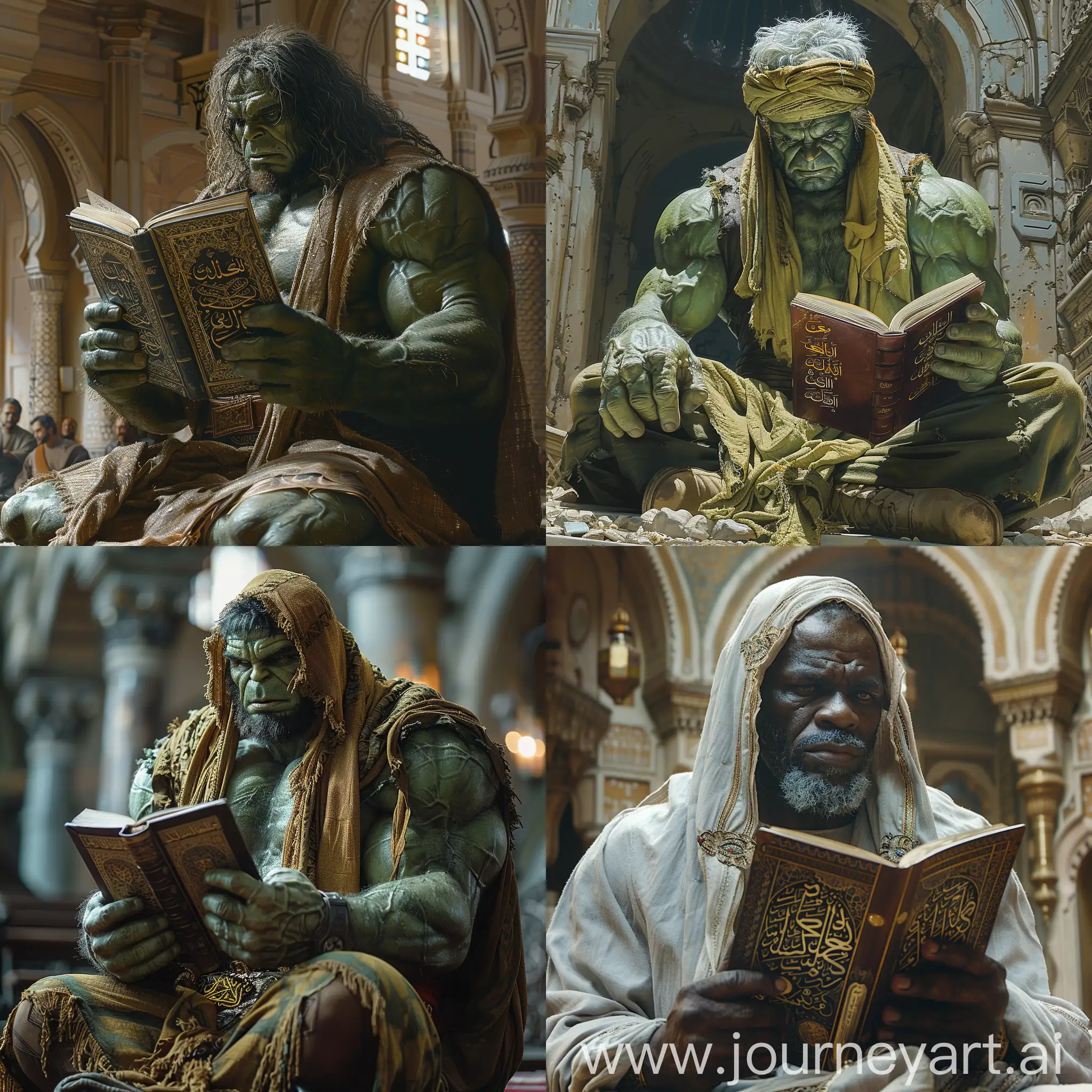 the hulk Muslim wearing Arabic dress sits inside a mosque holding a book of the Qur’anMuslim wearing Arabic dress sits inside a mosque holding a book of the Qur’an --stylize 750