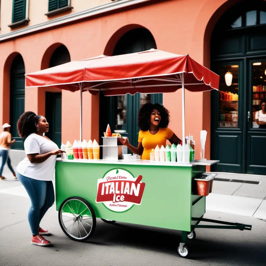 Create an image showing a black woman in behind an italian ice push cart with a long line of customers