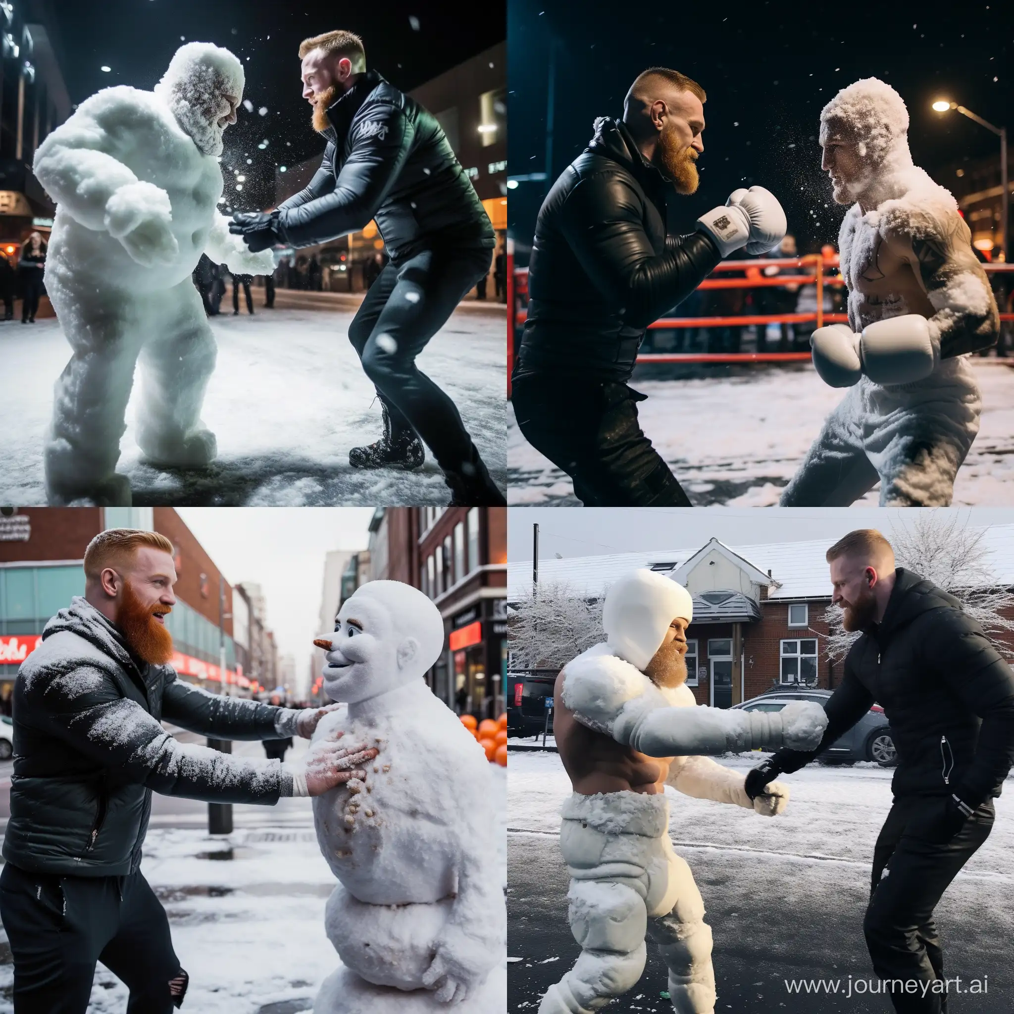 Conor McGregor fights with a snowman wearing gloves and the snowman hits Conor's head on the street at night