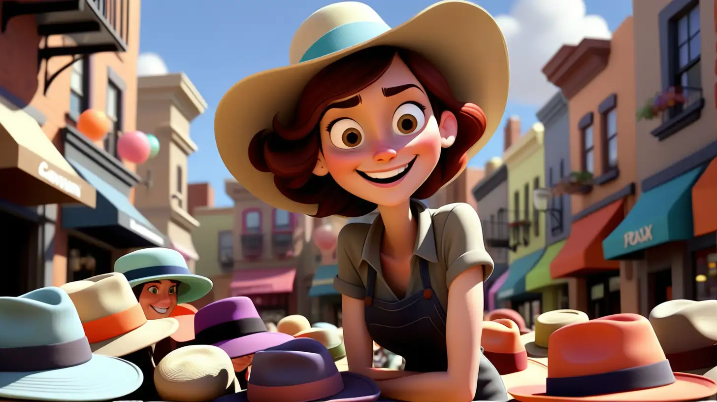 HAPPY FEMALE SMALL BUSINESS OWNER IN SMALL TOWN SQUARE SURROUNDED BY HATS colorful, pixar style, no watermark