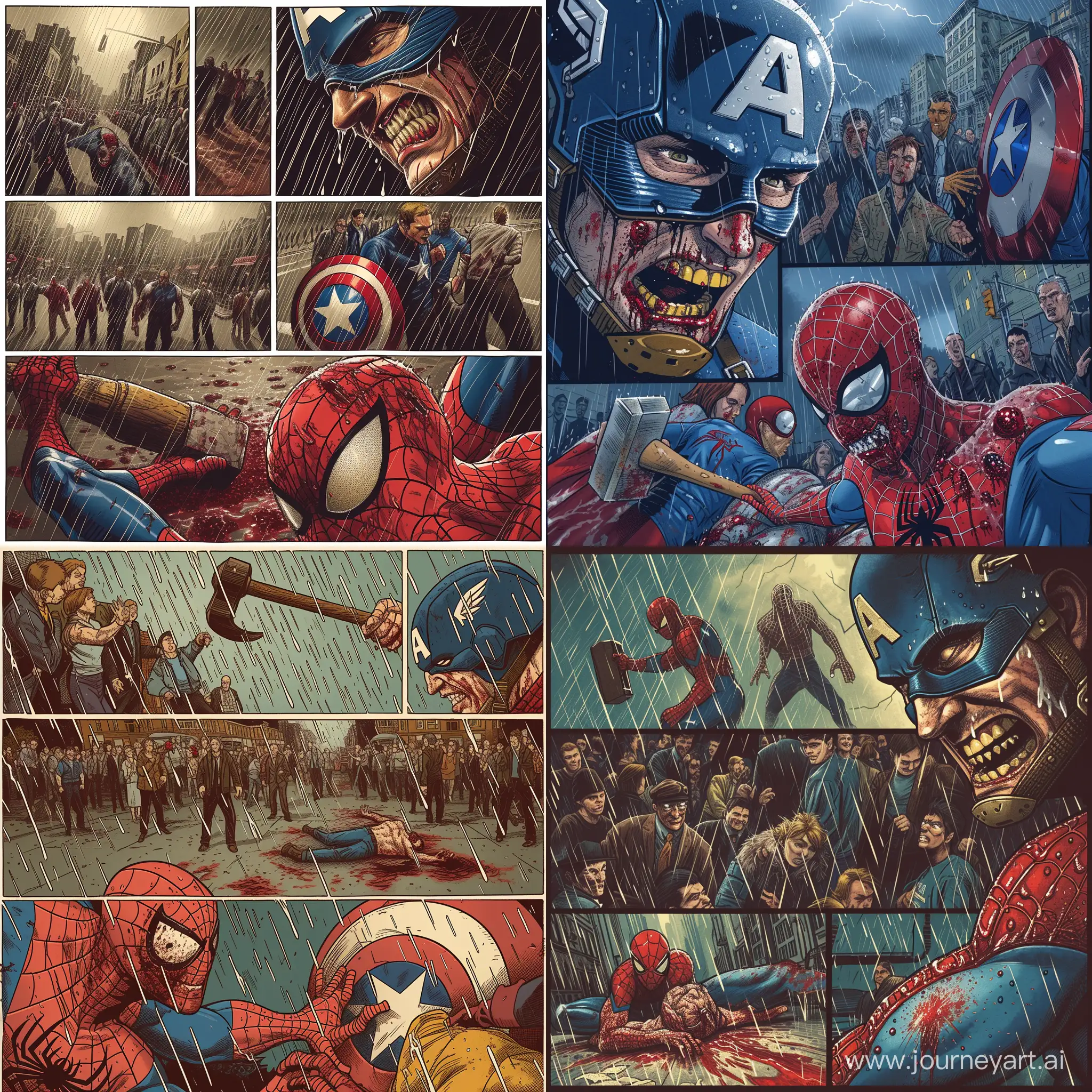 Act as an artist creating a comic strip depicting an intense showdown between an evil Captain America and a severely injured Spider-Man. Spider-Man lies on the ground, covered in blood, barely breathing. The wicked grin on Captain America's face reveals his malevolence, while he is drenched in Spider-Man's blood. Set the scene in a neighborhood in New York City, during a dark and stormy night. Rain pours from the sky, accompanied by thunder. Ordinary people surround Spider-Man and Captain America, their faces disbelieving and shocked. Captain America prepares to deliver his final blow to Spider-Man with a hammer in his hand. Ensure that the artwork faithfully captures the distinct Marvel comic style, with flawless execution and attention to detail.