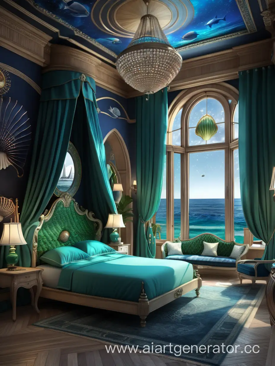 a bedrooom design deeps of oceans black and blue and green
 seashell bed
 without  fish 
mythological architecth 
a new universe
jules verne