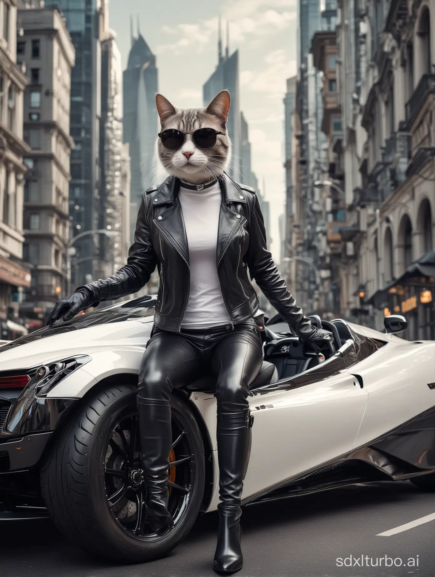 an anthropomorphic cat wearing leather pants, a white tshirt ,  black leather jacket, black boots and sunglasses driving a black Pagani Huayra Roadster in a futuristic city background