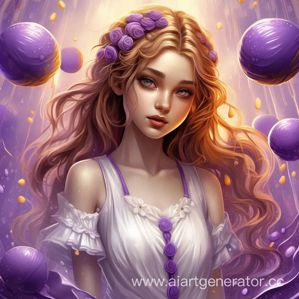 a girl with light brown hair, fabric texture, white closed dress, detailed images, purple background, spread drops of paint, in the style of detailed fantasy art, detailed facial features, white, macaroons, caramel, purple, yellow, orange