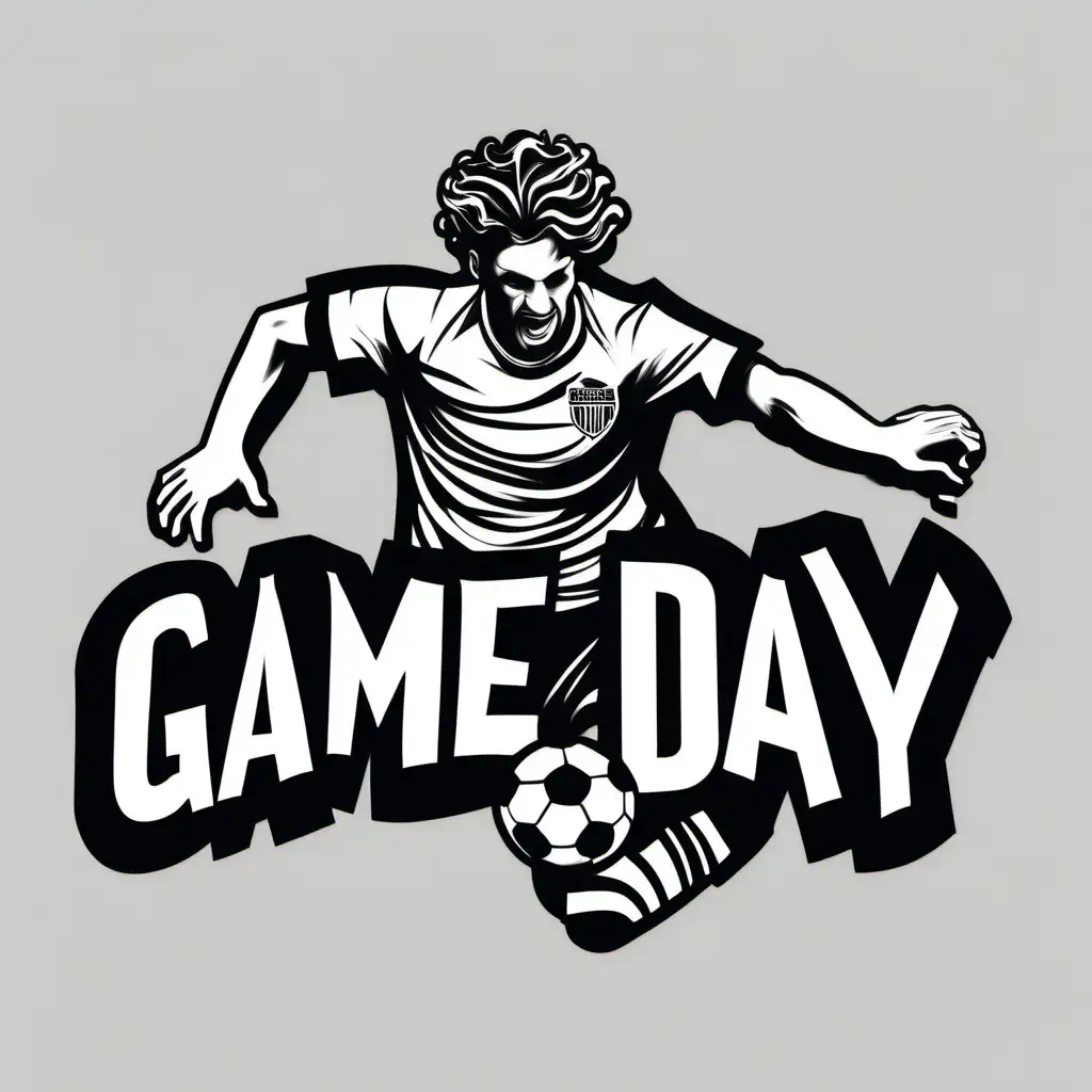 GAME DAY, WAVY LETTERS, SOCCER PLAYER, BLACK AND WHITE, NO BACKGROUND