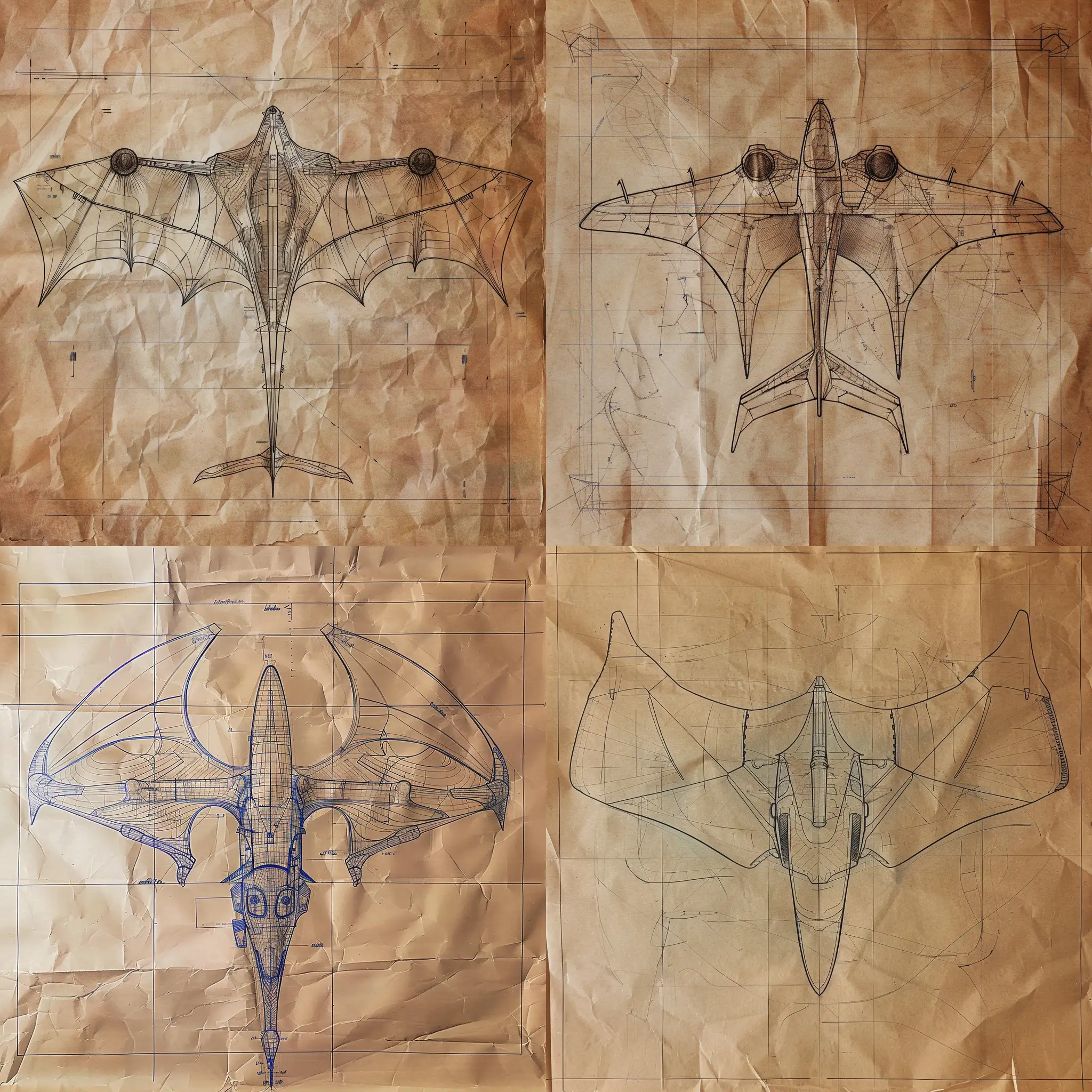 futuristic aeroplane with vibrating wings like a dragon fly. Blueprint. Indian ink on brown paper.