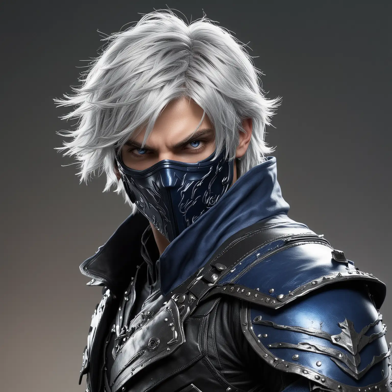 Fantasy male assassin, black and blue leather armor, short shaggy silver hair, hot, handsome, rugged, lightning abilities, a mask covering the lower mouth and nose