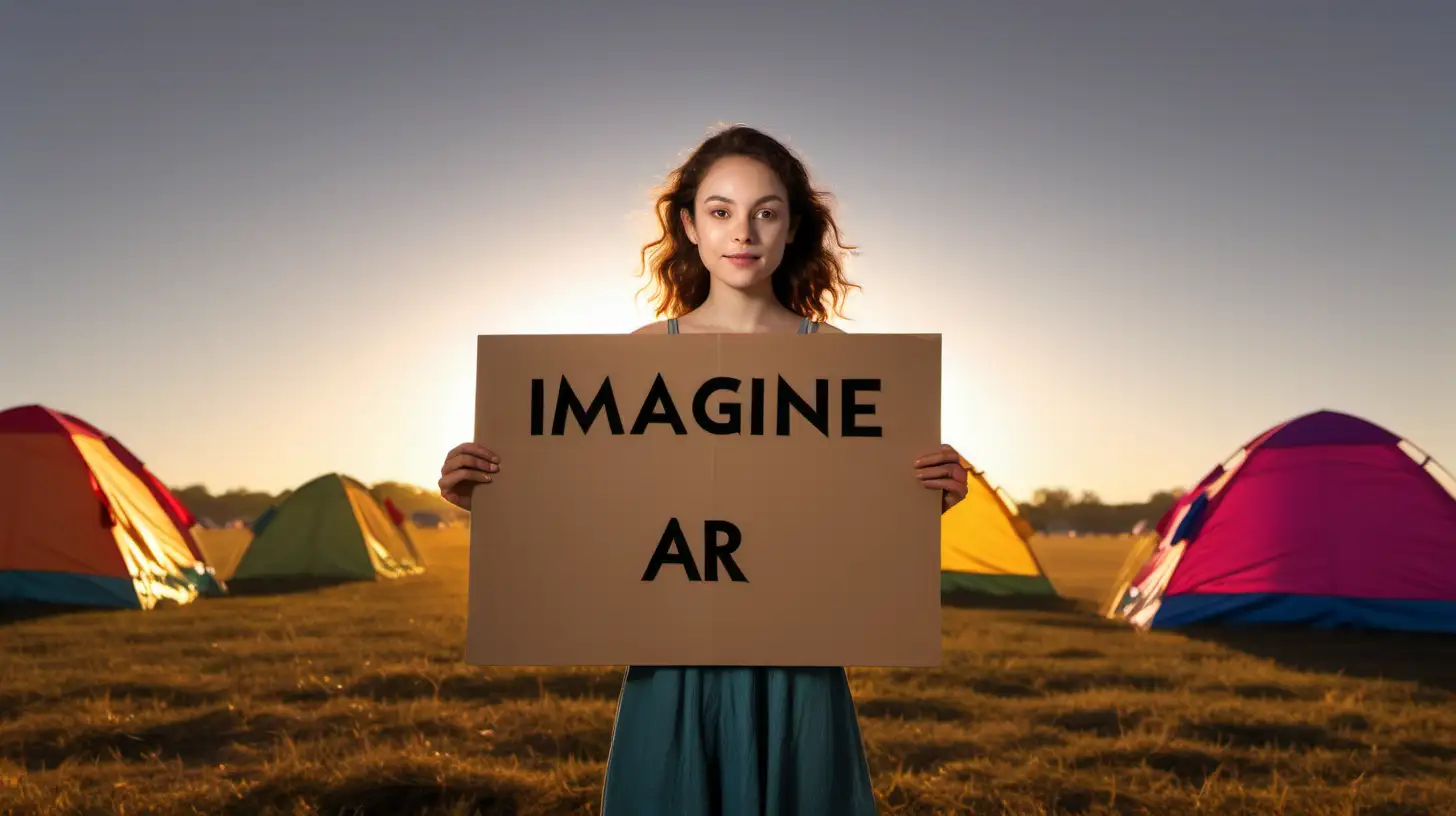 /imagine prompt: An image capturing a young woman in the center of an open field at sunrise, with two colorful tents behind her. She's holding a blank cardboard sign. The first light of day casts a warm glow on the scene, creating long shadows. Created Using: sunrise ambiance, colorful tents, early morning shadows, warm glow, serene field, young woman with sign --ar 16:9 --v 6.0
