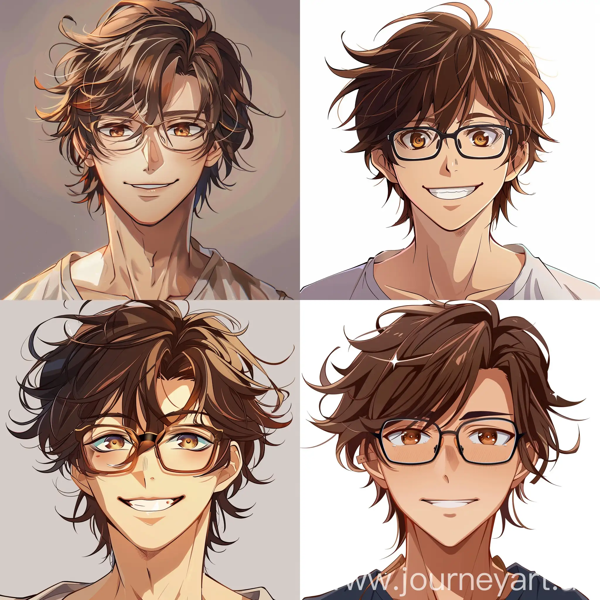 Anime detailed style, young adult handsome man, brown playful eyes, glasses, brown messy hair, smug face with smile