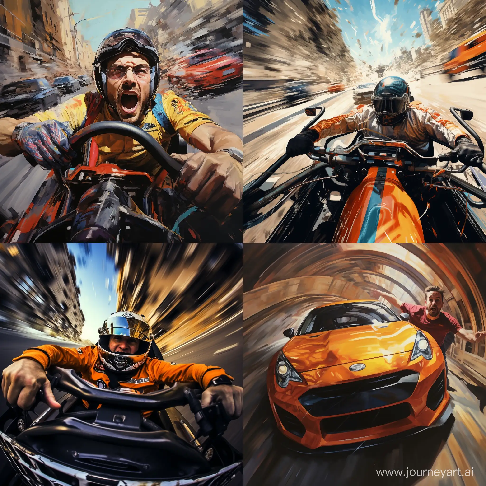 The adrenaline rush of a car racing directly towards the viewer; utilizing foreshortening for impact