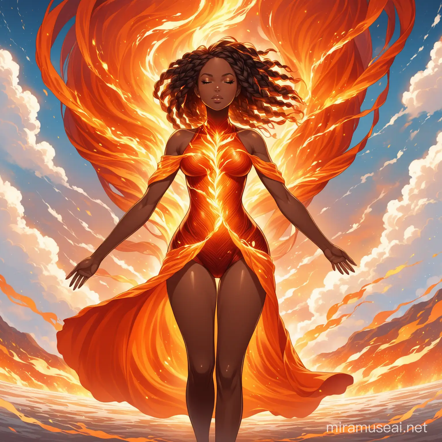 African American woman standing with her body made of air, wind, earth, and fire with braided hair.