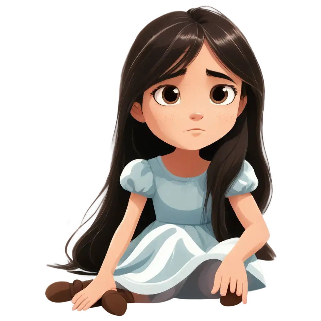 Children's story book illustration. Little girl, 12 years old, white skin, with long black hair, big brown eyes, she is wearing a dress. she is upset because she hurt her leg and she is sitting in the ground in pain. 