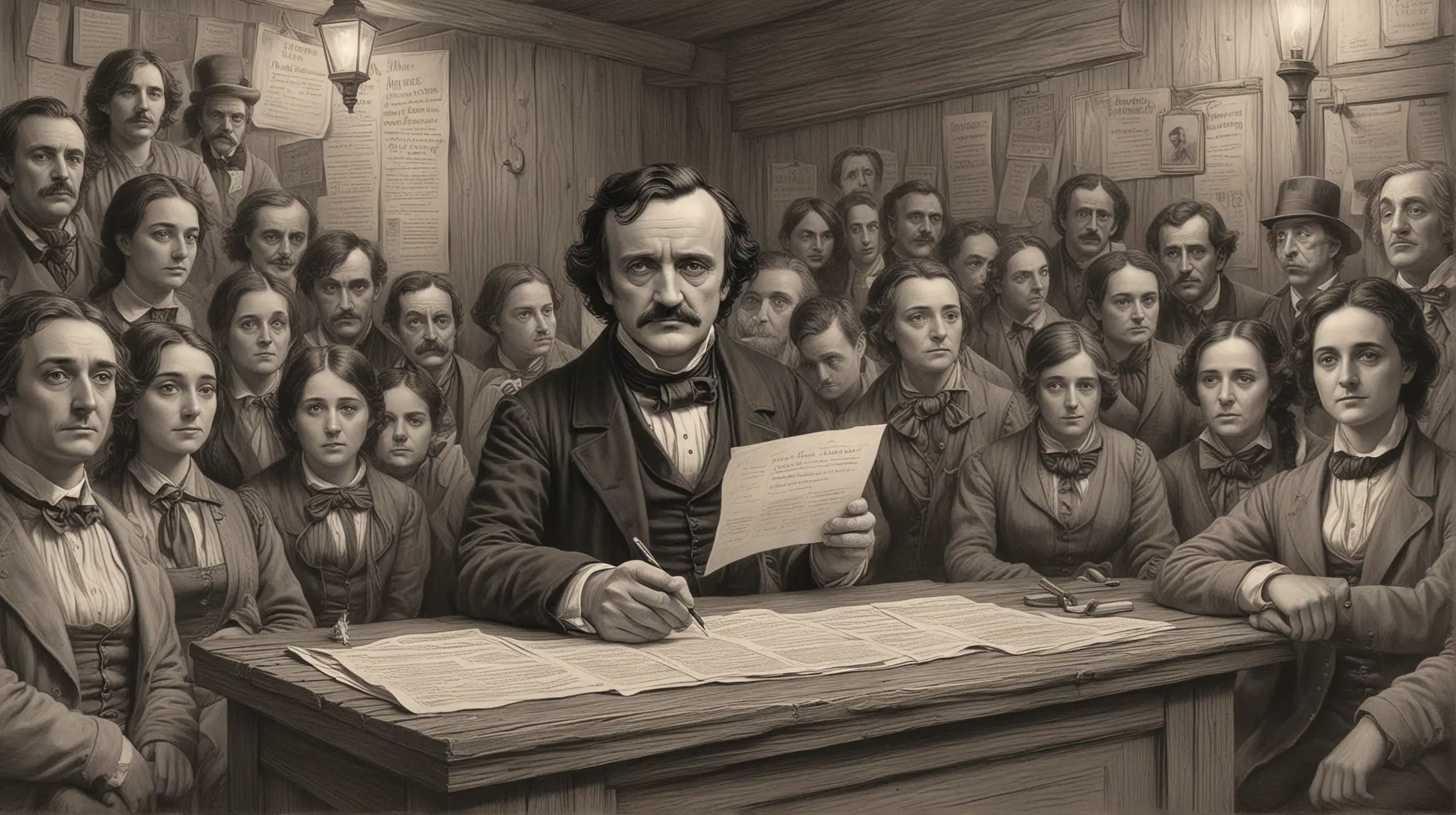 /imagine prompt: Edgar Allan Poe seated at a voting booth in the 1850s, surrounded by a diverse crowd of people in historical attire, aged wooden walls covered in political slogans, flickering gas lamps illuminating the scene, capturing Poe's contemplative expression and pen in hand, Artwork, detailed pencil sketch, emphasizing intricate facial features and clothing textures, --ar 16:9 --v 5