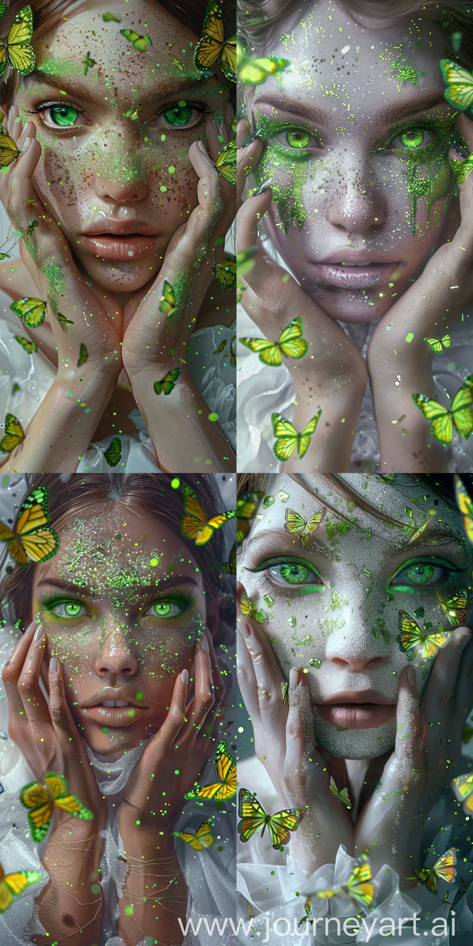 The image features a woman with green eyes and hands framing her face. She has green and yellow butterflies around her, some on her face and others on her white dress. Her skin is powdered with green sparkles. ultra realistic, high detail, sharp focus, high quality render, --ar 1:2