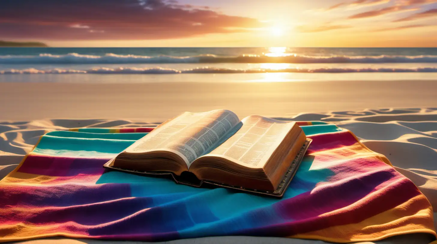 Serene Spiritual Retreat Holy Bible Resting on Colorful Blanket by Tranquil Beach at Sunset