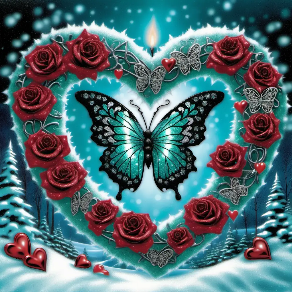 Snowy bi colored roses black with red tips, frosted teal triple hollow linked  hearts, with filigree butterfly, glitter, glowing, transparent, sparklecore, Thomas Kinkade