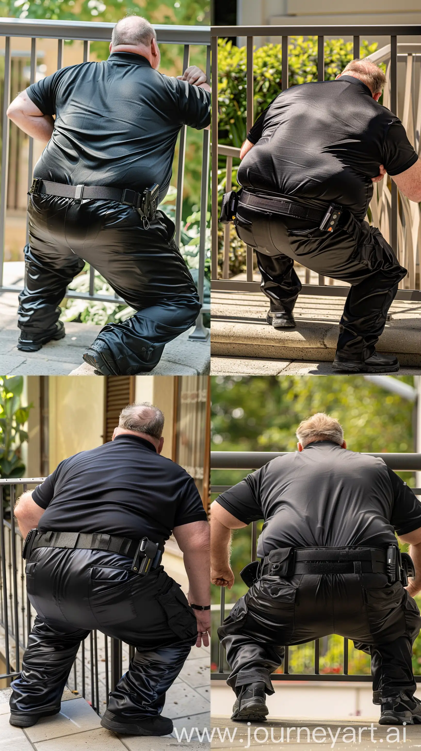 Back view photo of a fat man aged 70 wearing silk black security guard battle pants and a tucked in black silk sport polo shirt. Heavy black tactical duty belt. Falling on his knees on the ground  with his hands on a balustrade. Outside. Natural light. --style raw --ar 9:16