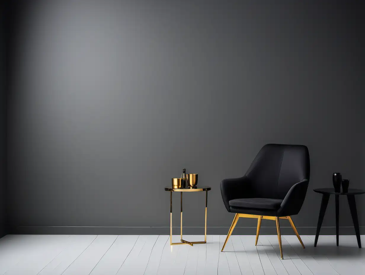 Commercial Photography, modern minimalist room interior with grey wall, black chair and golden 