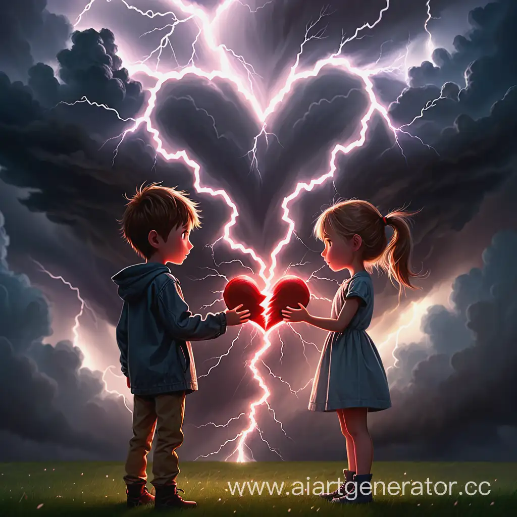 Мальчик и девочка , которые любят друг друга , стоят лицом друг к другу и держат в руках сердечко , сверху из грозового облака бьёт молния в сердечко 